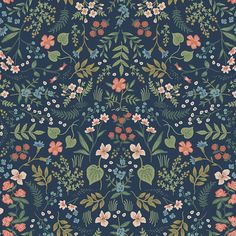 a blue floral wallpaper with pink, red and green flowers on the left side