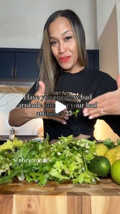 a woman standing in front of a cutting board with vegetables on it and the caption have you tried to read this?