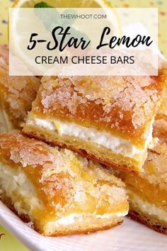 lemon cream cheese bars stacked on top of each other with the words, theycanva me