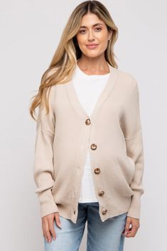 Beige Basic Ribbed Maternity Cardigan Sweater Cozy Beige Buttoned Cardigan, Beige Relaxed Fit Button-up Cardigan, Woman Cardigan, Cozy Beige V-neck Cardigan, Maternity Cardigan, Beige Textured Knit V-neck Cardigan, Short Dress White, Athleisure Dress, Matching Sets Outfit