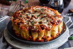 a cheesy lasagna dish on a plate