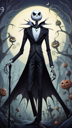 a man in a suit and top hat with a cane standing next to pumpkins