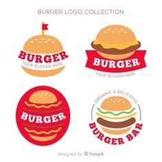 burger logo collection with three hamburgers and two buns on each one, all in different colors