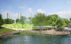 an artist's rendering of a public park next to a river