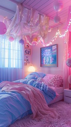 a bedroom decorated in pink and blue with lights strung from the ceiling, bedding and curtains