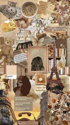 the collage is made up of many different pictures and words, including an eiffel tower