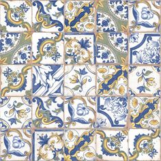 blue and yellow tiles with floral designs on the sides, all in different shapes and sizes