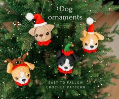 crochet christmas ornament set of three dogs in hats hanging from a tree