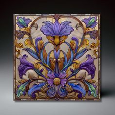 an art nouveau stained glass panel with flowers and leaves in blue, yellow and purple colors