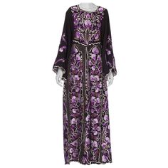 1970S Purple Embroidered Metallic Floral Dress Evening Kaftan With Floral Embroidery, Evening Embroidered Silk Maxi Dress, Silk Embroidered Maxi Dress For Evening, Bohemian Evening Dress With Resham Embroidery, Bohemian Embroidered Dress For Evening, Silk Maxi Length Embroidered Dress, Purple Silk Dresses With Floral Embroidery, Embroidered Purple Silk Dress, Embroidered Fitted Evening Kaftan