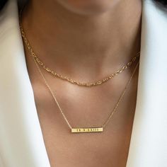 This personalized custom name bar necklace is one of our best selling necklace. Great for birthday, friendship, mother's day and bridesmaids gift. Bar size: Width 30mm x Height 4mm Adjustable chain: 15-17in (38-43cm) Laser Engraving Gold Vermeil Spring clasp closure Hypoallergenic, lead and nickel free #254G Minimalist Name Necklace With Cable Chain For Gift, Minimalist Name Necklace With Cable Chain As Gift, Dainty Bar Necklace With Cable Chain, Dainty Bar Necklace With Cable Chain For Gift, Dainty Bar Necklace With Cable Chain As A Gift, Custom Name Rectangular Necklace For Anniversary, Minimalist Nameplate Bar Necklace For Anniversary, Minimalist Custom Name Bar Necklace For Anniversary, Everyday Nameplate Bar Necklace With Custom Name