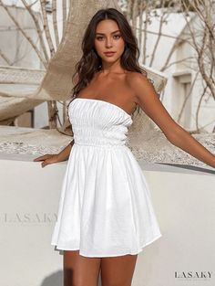 Lasaky - Stylish and Sexy Bubble Pleated Strapless Dress with Waist Cinching - White Mini Dress White Bandeau Mini Dress For The Beach, White Bandeau Mini Dress For Beach, Strapless Stretch Mini Dress For Vacation, Stretch Bandeau Dress For Vacation, Stretch Bandeau Vacation Dresses, Vacation Stretch Bandeau Dress, Summer White Strapless Mini Dress, White Bandeau Mini Dress For Vacation, Strapless Stretch Sundress