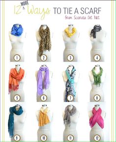 Remember this graphic on how to tie scarves? It’s back! Now with a brand new batch of creative ways to tie your favorite neck embellishment, this easy-breezy graphic is here to rescue stumped scarf lovers everywhere! :) 1. Four-in-Hand Choker Follow the directions of the Four-in-Hand scarf knot. Then tuck the hanging e Ways To Tie A Scarf, Wear A Scarf, Scarf Knots, Scarf Tutorial, Scarf Tying, How To Wear Scarves