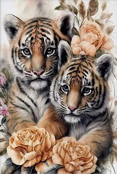 two tigers sitting next to each other with roses on the bottom and one behind them