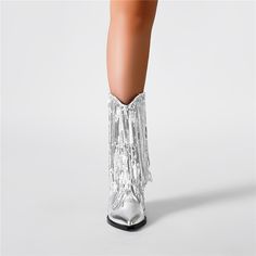 Shop Silver Metallic Tassel Ankle Boots Chunky Heels Cowboy Boots with Pointed Toe color Silver for Big Day, Date, Going out, Party with worldwide Free shipping & Free return. Western Party Boots With Fringe, Trendy Party Heeled Boots With Stacked Heel, Spring Fringe Boots With Pointed Toe, Summer Party Ankle Heeled Boots, Chic Fringe Boots For Party, Pointed Toe Party Boots With Fringe, Party Boots With Fringe And Pointed Toe, Western Summer Boots With Fringe, Western Fringe Boots For Summer