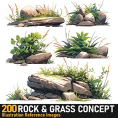 the rock and grass concept is shown in four different stages