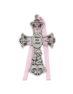 a metal cross with a pink ribbon around it and an image of a teddy bear