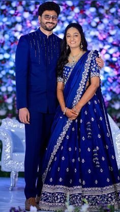 Reception Outfit Ideas Indian, South Indian Reception Outfit Couple, Couple Marriage Outfit Indian, Engagement Bride Outfit Indian, Reception Dress Indian Couple, Groom And Bride Dress Indian, Engagement Outfit For Couple Indian, Half Saree For Reception For Bride, Couple Wedding Outfits Indian