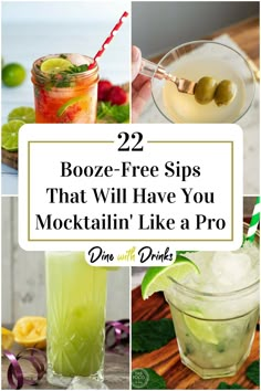 Collage of 4 mock cocktails. Best Mocktails To Order At A Bar, Ranch Water Mocktail, Functional Mocktails, Mock Cocktails, Mocktail Ideas, Best Mocktails, Alcohol Free Cocktails, Soda Bar