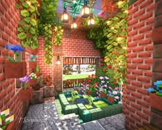 a very nice looking room with some plants and flowers on the walls, in minecraft