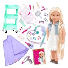 a doll with blonde hair and accessories on a white background