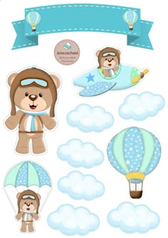 the paper doll is flying through the sky with his teddy bear and hot air balloon