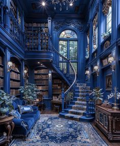 a room with blue walls and carpeted stairs