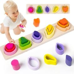 a baby playing with wooden toys on a white background