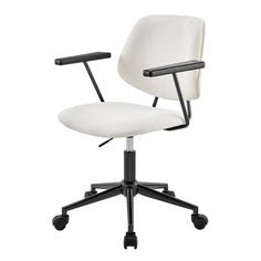 an office chair with wheels on the back and seat upholstered in white fabric