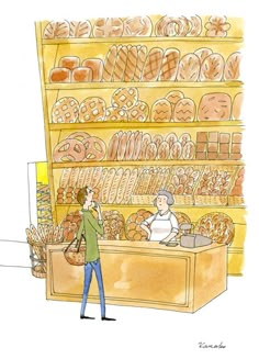 a drawing of a man standing in front of a counter with donuts on it