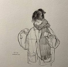 a drawing of a woman wearing a coat and scarf with her hands in her pockets