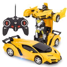 a yellow toy car next to a remote control vehicle with an image of a bumblebee