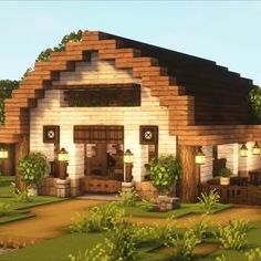 Minecraft Stable Aesthetic, Mc Horse Stable Ideas, Cottagecore Horse Stable Minecraft, Aesthetic Horse Stable Minecraft, Minecraft Cottagecore Stable, Minecraft Stable Tutorials, Barn Minecraft Aesthetic, Mc Horse Stable, Cottagecore Barn Minecraft