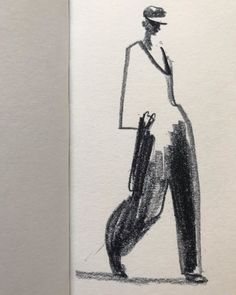 a black and white drawing of a man walking