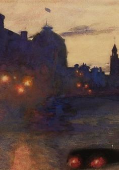 an oil painting of a city at night