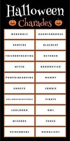 a halloween chart with words and pictures on it