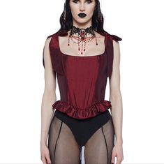 Crimson Secrets From Dollskill. Would Have Liked To Return This Item But Didn't Want A Store Credit And Couldn't Exchange For A Bigger Size Still In Orginal Packaging After Try-On Red Sleeveless Gothic Top, Red Gothic Sleeveless Top, Red Fitted Top For Costume Party, Fitted Red Top For Halloween, Pastel Pink Blouse, Satin Tie Front Top, House Of Blouse, Victorian Blouse, Floral Chiffon Blouse