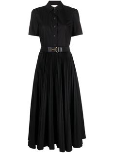 black cotton poplin texture classic collar front button fastening belted waist short sleeves pleated skirt straight hem Classic Pleated Short Sleeve Dress For Work, Elegant Belted Short Sleeve Dress For Daywear, Elegant Short Sleeve Belted Dress For Daywear, Classic Belted Dress With Short Sleeves, Elegant Short Sleeve Midi Dress With Belted Cuffs, Classic Short Sleeve Belted Midi Dress, Classic Pleated Dress For Office, Short Sleeve Shirt Dress With Pleated Waist, Chic Short Sleeve Pleated Dress For Work