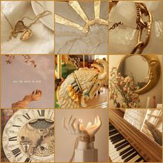 a collage of photos with gold and white items on them, including an ornate clock