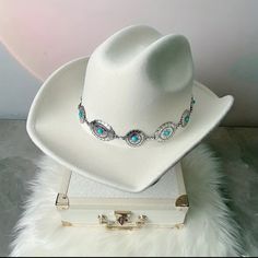 Adorable Cream Color Felt Cowboy Hat With Silver Turquoise Brim Chain. Ties Inside To Tighten To Fit Your Head Size. Nwt Western Silver Hats For Summer, Silver Summer Hat For Rodeo, Silver Summer Rodeo Hat, Silver Brimmed Hat For Rodeo, Western Silver Hat Bands For Festivals, Silver Western Hat Bands For Festival, Silver Western Hat For Western-themed Events, Western Silver Hats For Western-themed Events, Silver Western Hat Band For Rodeo