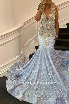 Dazzling Rhinestone Plunging Sequin Long Train Prom Dress Rhinestone Prom Dress, Diamond Prom Dresses, Blue Sequin Prom Dress, Train Skirt, Prom Dress With Train, Flora Dress, Wedding Dresses With Flowers, Sequin Prom Dress, Wedding Flower Girl Dresses