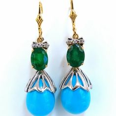 Parisian Retro Redux Emerald, Turquoise & Diamonds Dangle Earrings. 3.00ct. Natural (2) Emeralds Emeralds: Oval Brilliant Cuts. Transparent & Even Green Tone. Ranging: 8.8 X 6.7 Mm .20cts Of Round Diamonds: H-Color, Vs-2 Clarity. 16x13 Mm Natural Blue Turquoise 14kt. White & Yellow Gold 12.4 Grams. Total Length: 1.76 Inch Comfortable Lever Clip $4,500 Appraisal Certificate To Accompany Elegant Turquoise Cabochon Gemstones, Elegant Multi-stone Turquoise Gemstones, Blue Emerald Gemstone Earrings, Elegant Oval Turquoise Gemstones, Elegant Turquoise Multi-stone Gemstones, Elegant Turquoise Gemstones For Formal Occasions, Elegant Turquoise Gemstones In Sterling Silver, Elegant Turquoise Gemstones For Gifts, Elegant Blue Emerald Jewelry