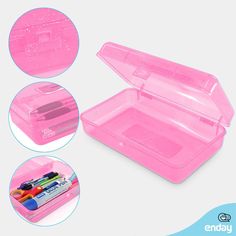 pink plastic storage box with four compartments for pens and markers