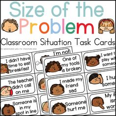 classroom situation task cards with the words size of the problem in each word, and an image of children's faces