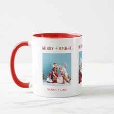 a red and white coffee mug with an image of two children in santa's outfits