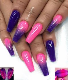 Nails Hot Pink And Purple, Bright Pink And Purple Nails, Fuschia Nails Design Nailart, Pink N Purple Nails, Purple Pink Ombre Nails, Purple And Pink Nails Design, Bright Ombre Nails Summer, Hot Pink And Purple Nails, Pink And Purple Ombre Nails