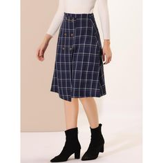 Style this skirt with a casual blouse and heels for a stylish day-to-night look. This midi skirt in soft fabric, features the retro plaid pattern and A-line design, adding an elegant and charming feel. An irregular hem and faux wrap design with button decor add a breezy, elegant feel to this a-line midi skirt. The adjustable button inside makes it comfortable and fitted for all-day wear, and the grid pattern makes this skirt a fashionable piece for this season. Suitable for work, weekends, shopp Button Decor, Skirts Midi High Waisted, Chelsea Boots Women, High Waist Skirt, Irregular Hem, Black Velvet Dress, Denim Midi Skirt, Grid Pattern, Womens Tie