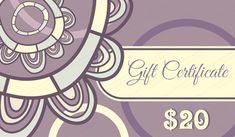 a purple gift certificate with an ornate design on the front and back of it is $ 20