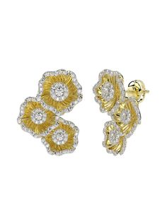 The Halo Flower Yellow Gold Earrings feature a trio of yellow gold and natural diamond camellia-inspired flowers, complete with a natural diamond at the center of each flower. Luxury Yellow Gold Flower Shaped Cluster Earrings, Yellow Gold Flower Earrings With Brilliant Cut, Luxury Yellow Gold Flower Earrings, Yellow Gold Diamond Flower Cluster Earrings, Yellow Gold Diamond Cluster Earrings In Flower Shape, Diamond Flower Yellow Gold Earrings, Diamond Yellow Gold Flower Earrings, Luxury Flower Shaped Diamond Earrings With Accents, Diamond Flower Earrings In Yellow Gold