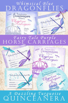 an image of wedding stationery with dragonflies on it and the words fairy tale purple horse carriage